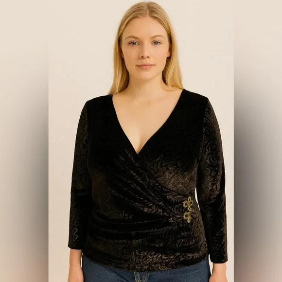Cachet Women’s Black & Gold Velvet Burnout Top Faux Wrap Ruched Holiday Large - Picture 2 of 6